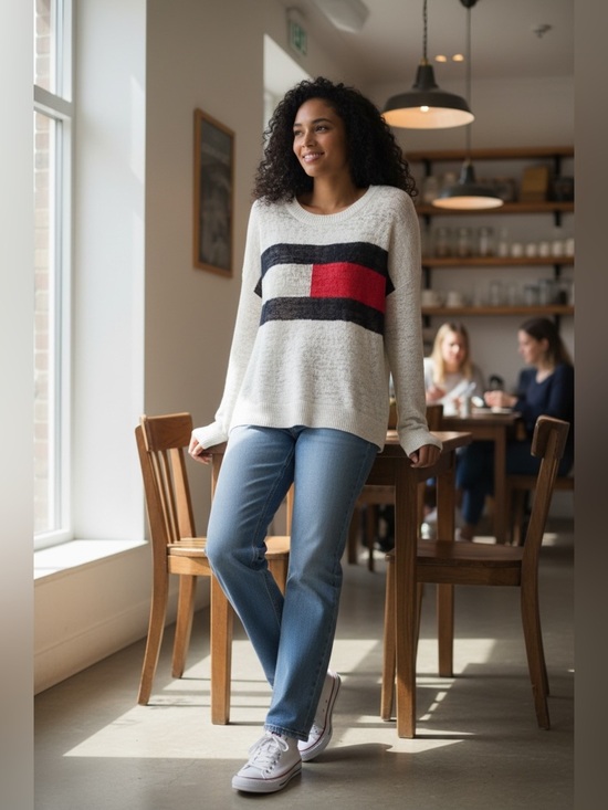 Tommy Hilfiger Sweaters - Tommy Hilfiger Cream Crewneck Sweater with Navy and Red Block